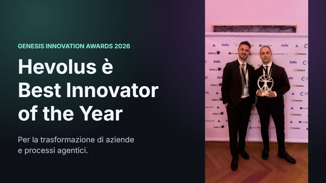 Francesco Elmi e Daniele Telesca di Hevolus con il premio Best Innovator of the Year ai Genesis Innovation Awards 2026